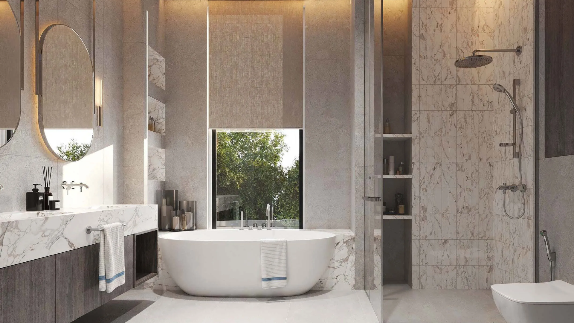 Contemporary bathroom with light marble, large mirror, and tree-view window.