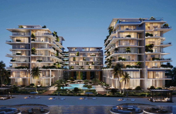 Exterior view of the Silena buildings on Dubai Islands at night, showcasing tiered balconies with lush landscaping.
