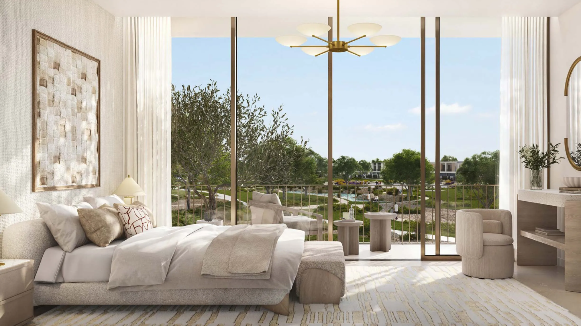 Contemporary master bedroom featuring a large bed, minimalist furniture, and a private balcony overlooking the community green spaces.