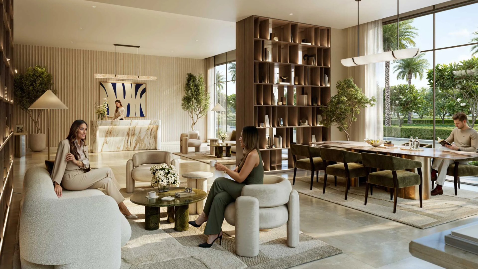 Elegant interior common area featuring a dining table, built-in shelving, and several comfortable seating groups.