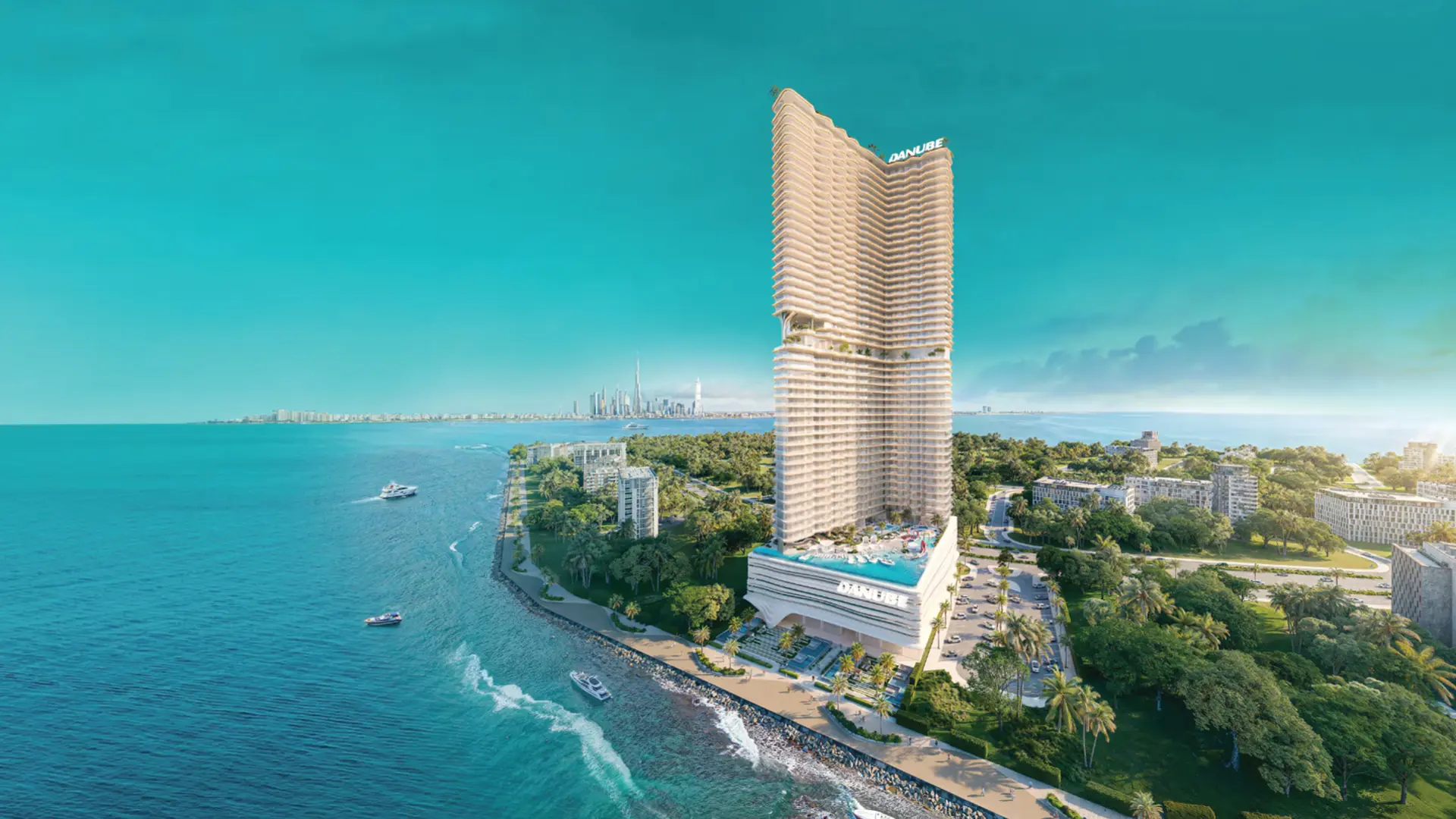 The BREEZ tower in Dubai Maritime City, showing its unique architectural design and proximity to the sea and Dubai skyline.