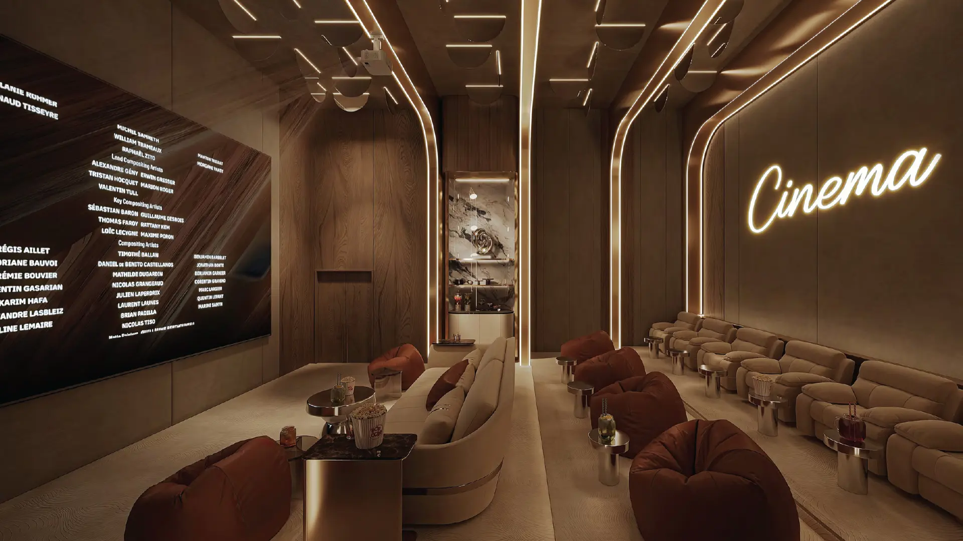 Exclusive apartment community amenity room designed as a modern private cinema.