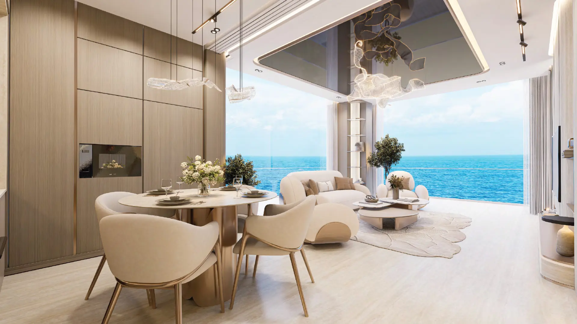 Modern open-plan living and dining area with floor-to-ceiling windows and a stunning panoramic sea view.