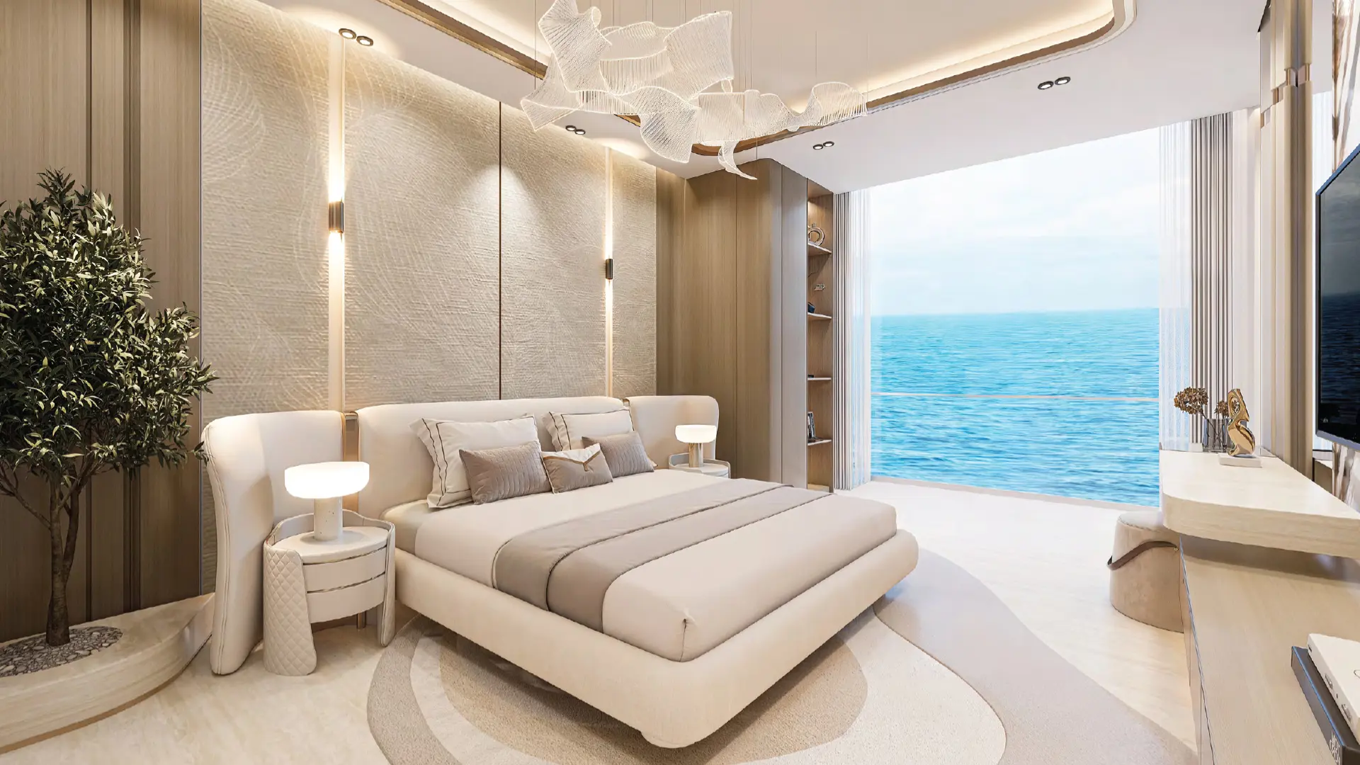 Contemporary bedroom interior featuring a curved bed, textured walls, and wood accents with a stunning sea view.