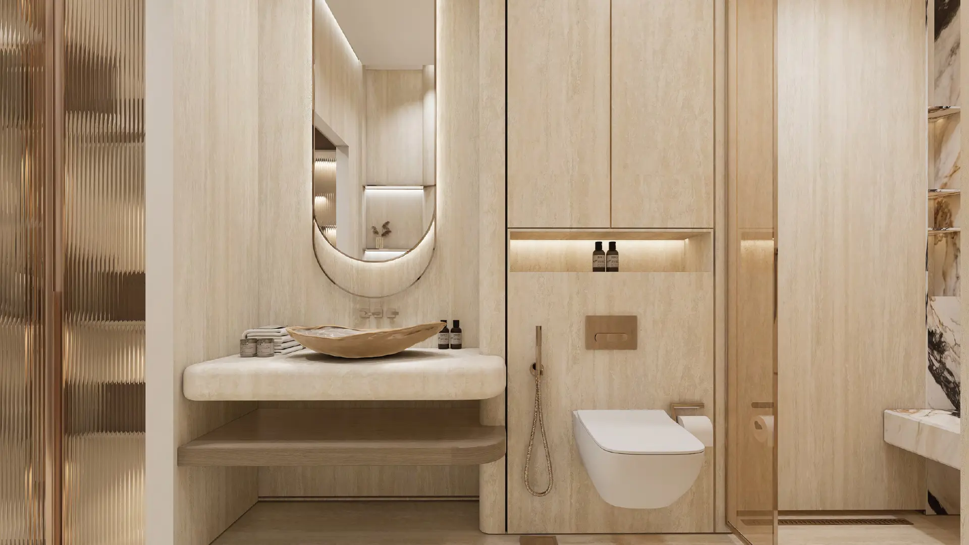 Contemporary master bathroom featuring a unique basin sink, a curved mirror, and integrated lighting.