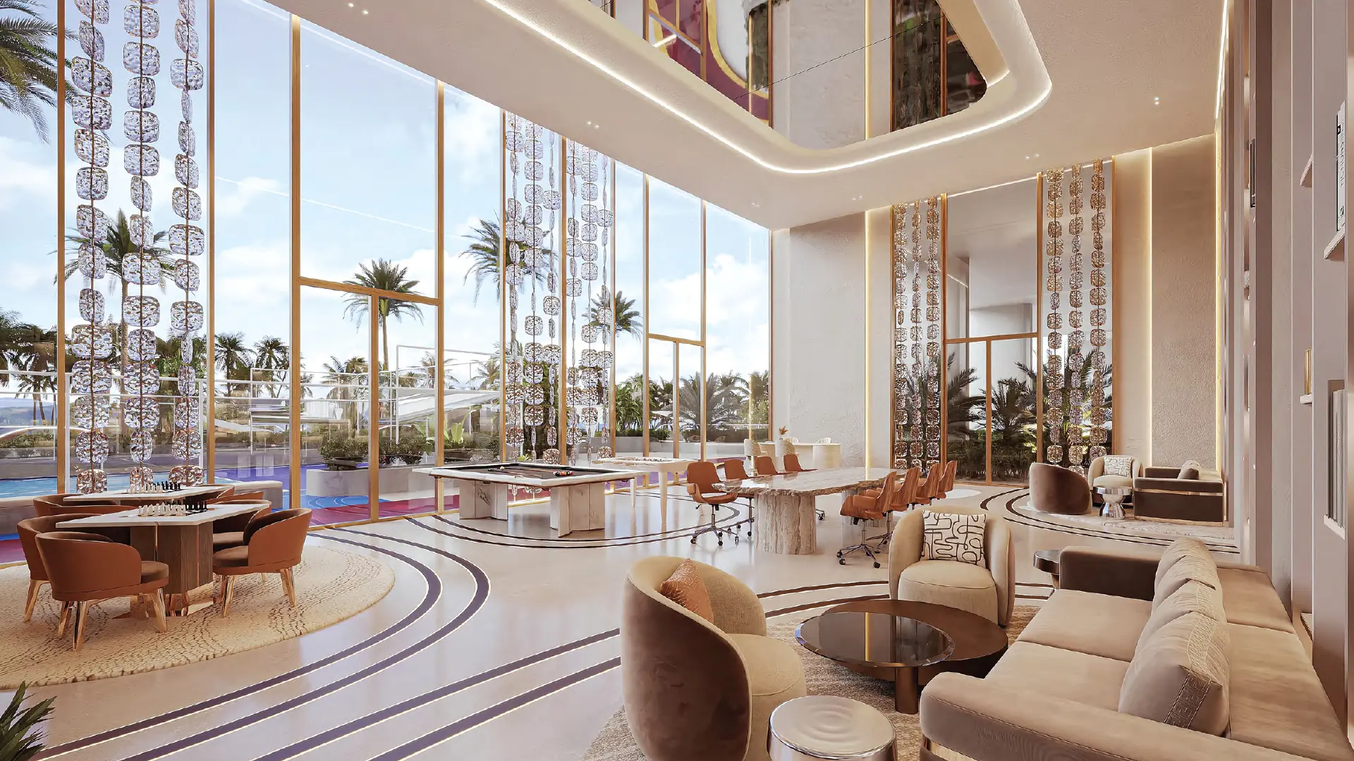 Contemporary residential amenity room with high ceilings, large windows, and a mix of casual and formal seating.