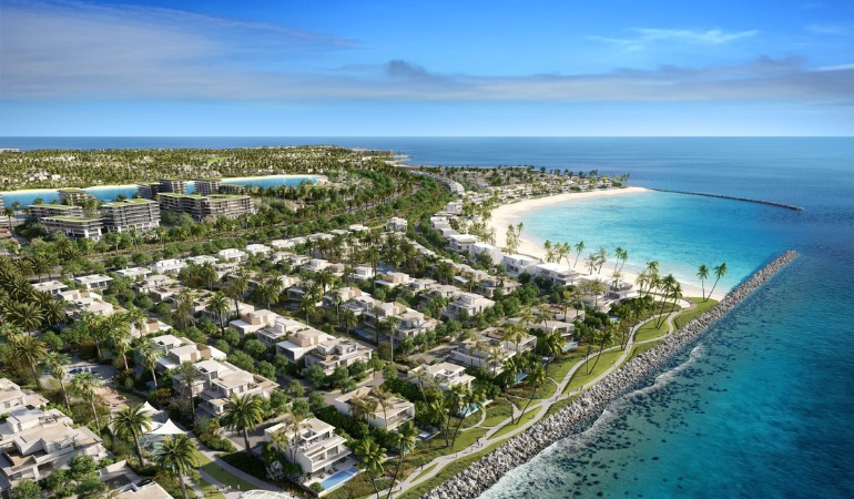 Luxury beachfront villas for sale in Dubai Islands by Nakheel with private access and sea view .