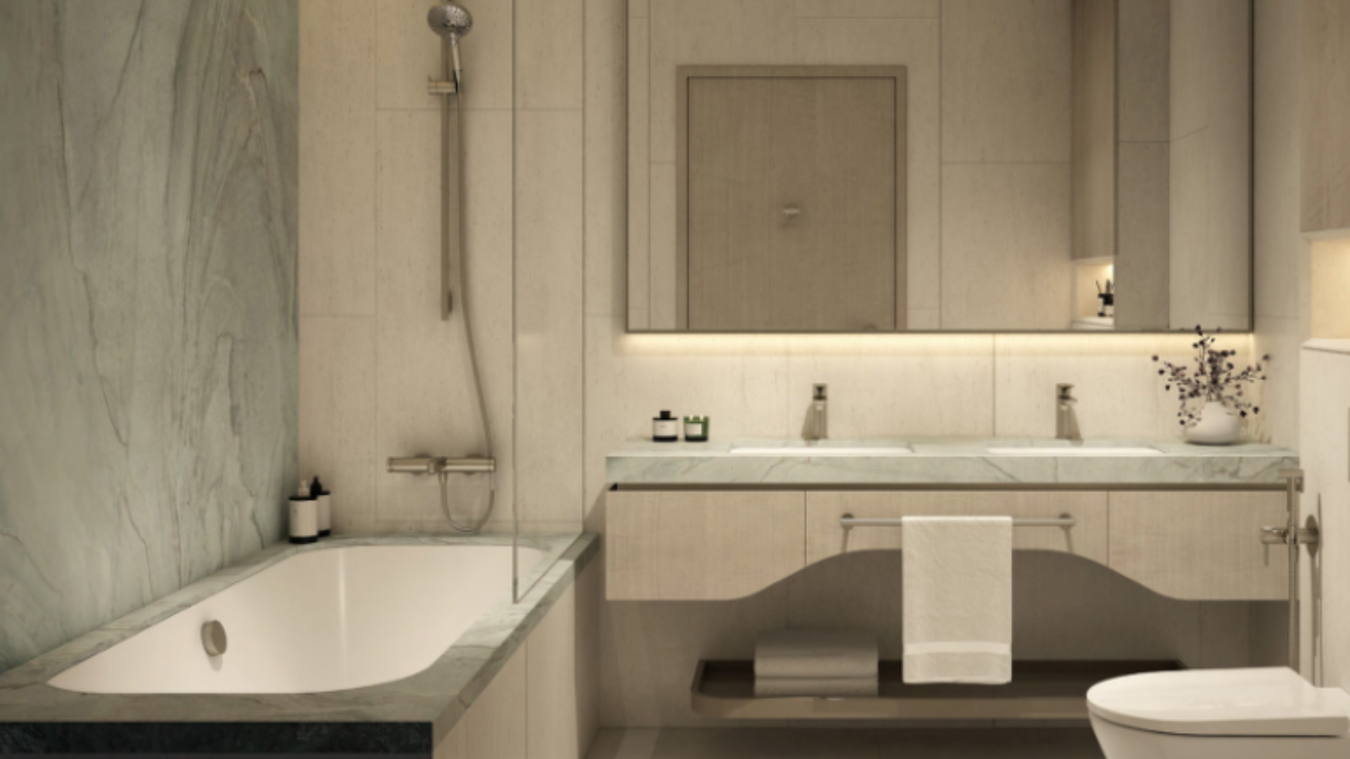 Contemporary master bathroom with a floating double vanity and neutral, light-toned finishes.