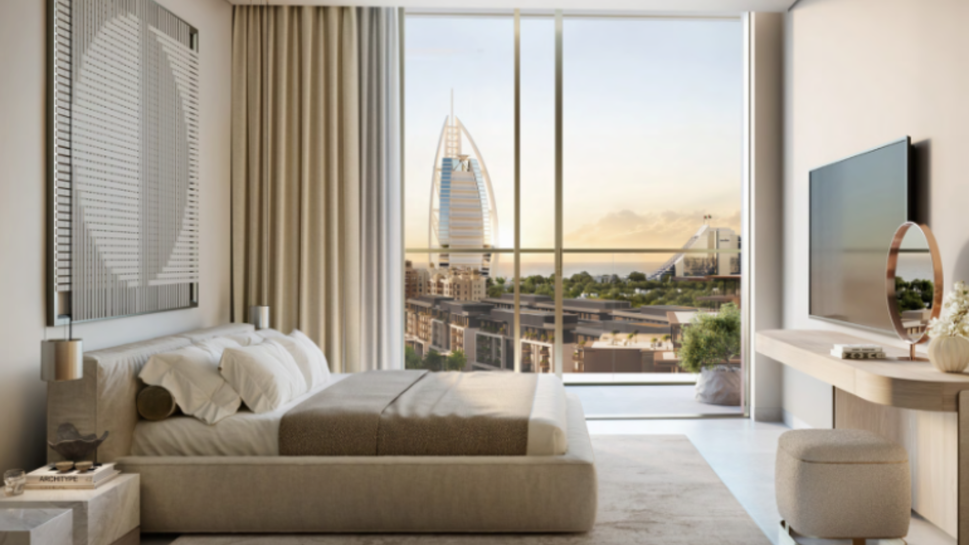 Cozy bedroom with ample natural light and elegant finishes.