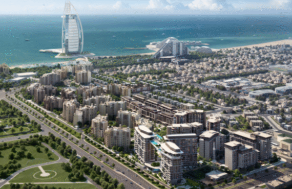 Aerial view of MJL Nourelle by Meraas, showing the residential buildings and the adjacent Burj Al Arab.