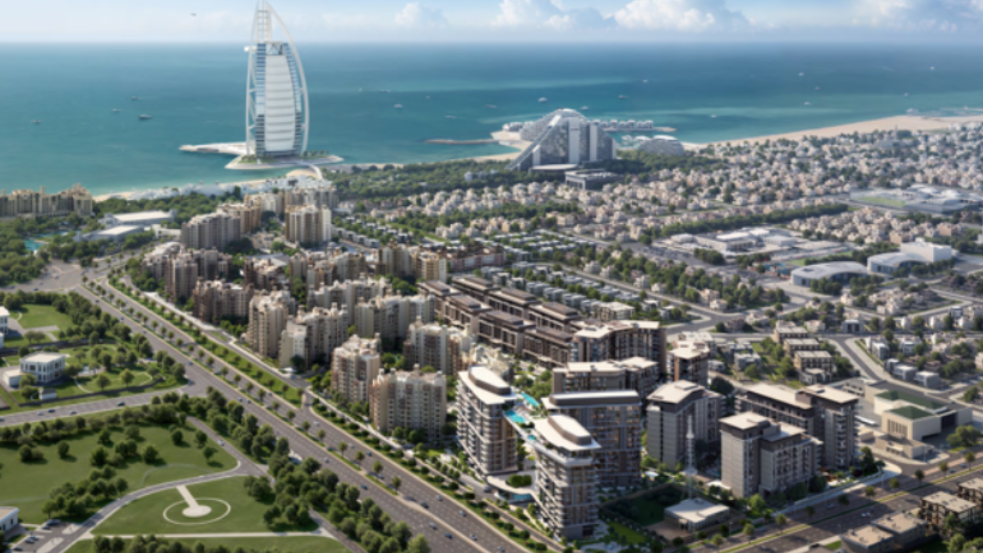 Aerial view of MJL Nourelle by Meraas, showing the residential buildings and the adjacent Burj Al Arab.