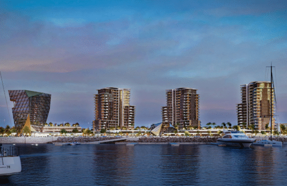 The modern Portside Square project featuring three high-rise residential towers and contemporary architectural design.