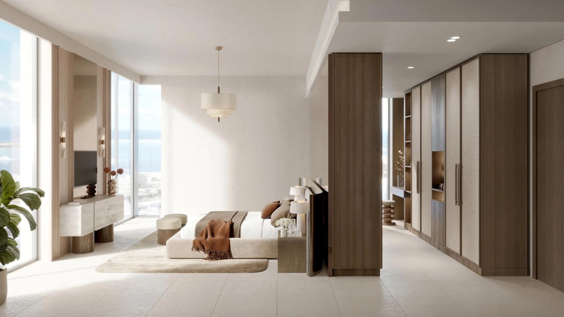 Modern bedroom with floor-to-ceiling windows, built-in wood wardrobes, and a view of the sea.