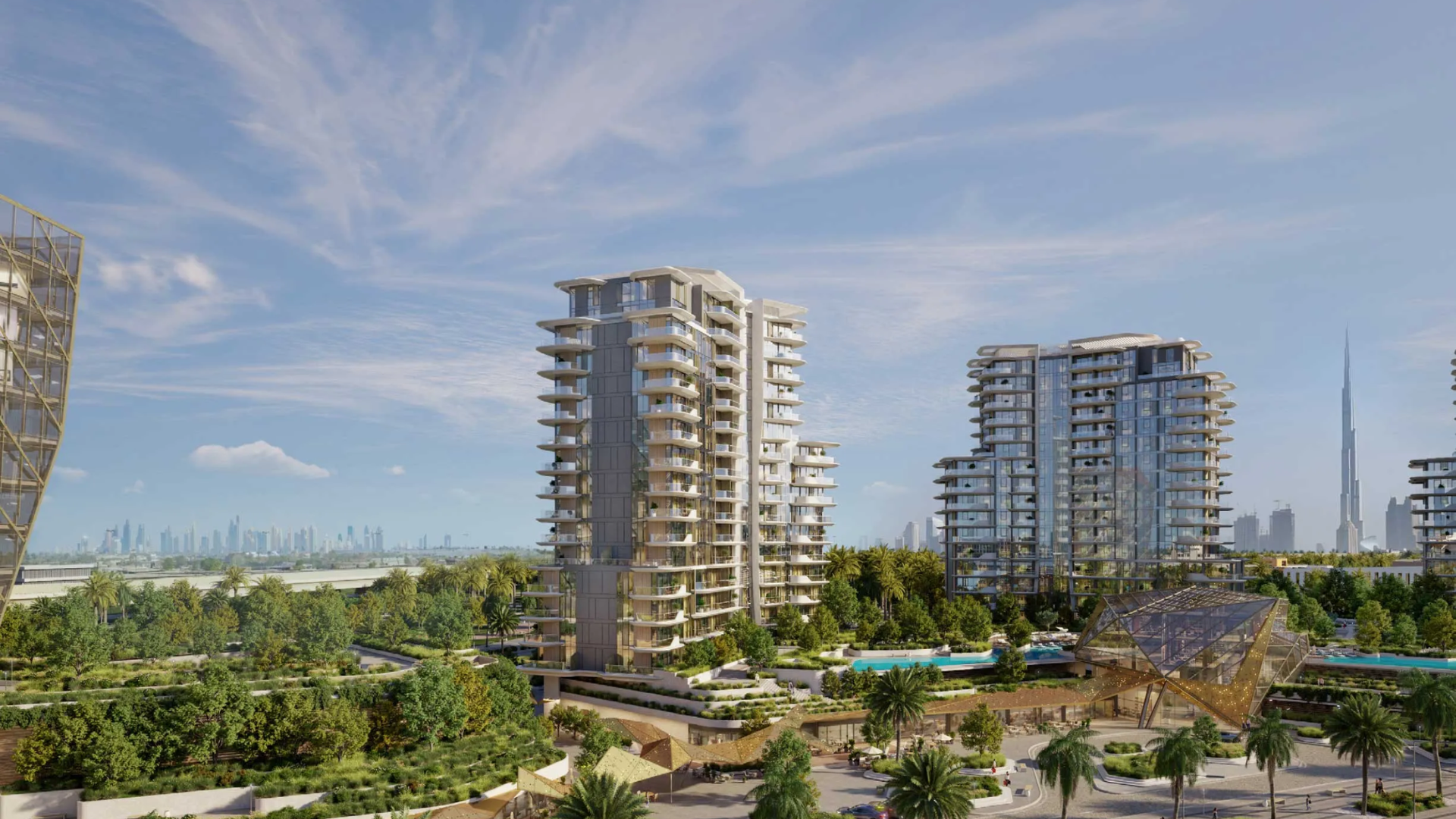 Ellington Properties' residential tower featuring curved balconies, overlooking a landscaped pool area and a city skyline.