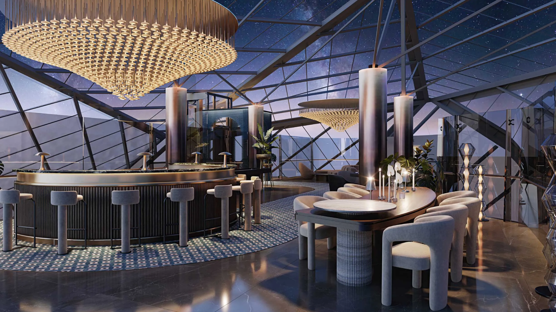 Contemporary penthouse amenity space featuring a stylish bar, dining area, and panoramic views through a unique architectural structure.