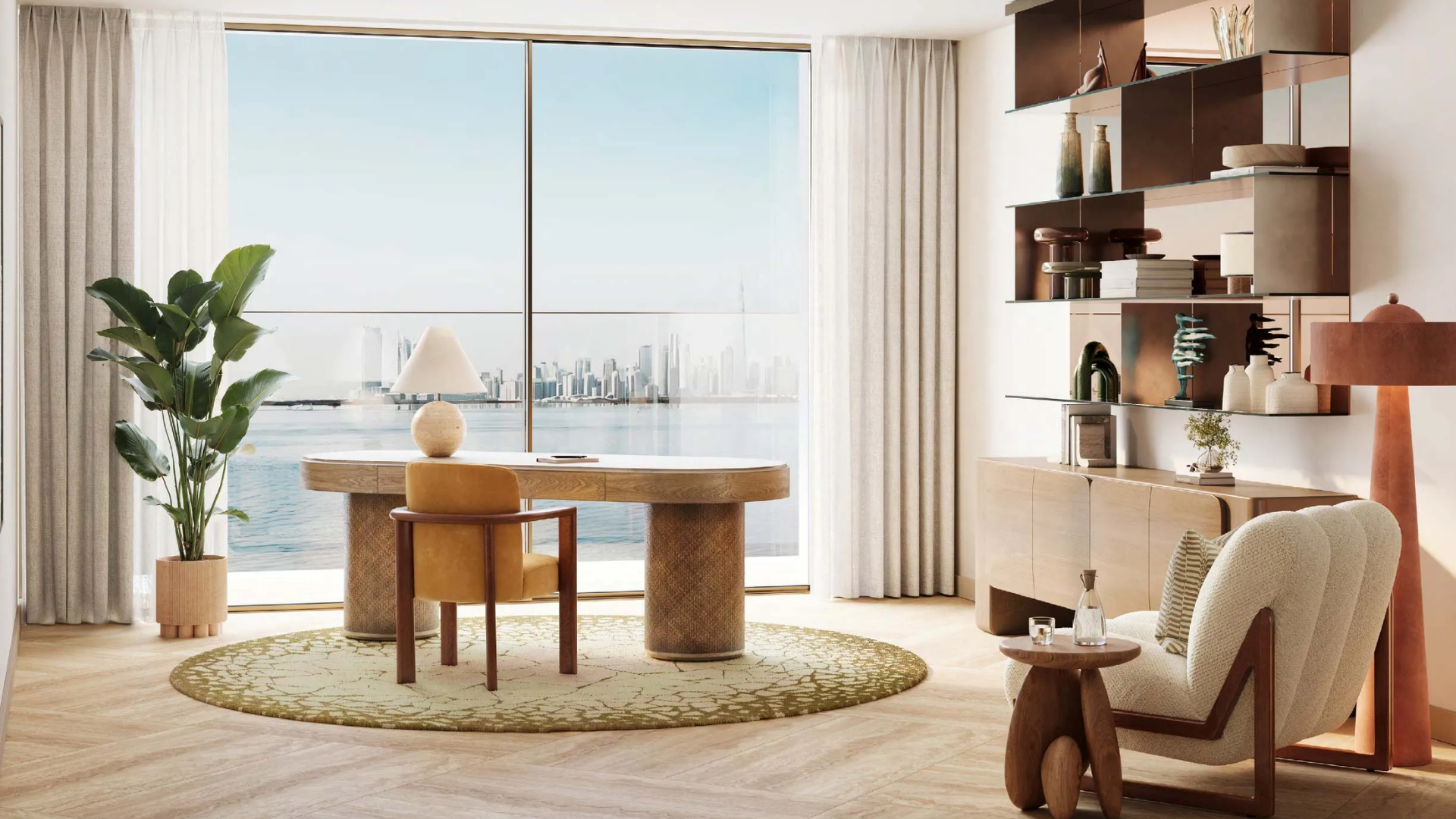 Modern outdoor patio with lounge chairs, table, and poolside seating .