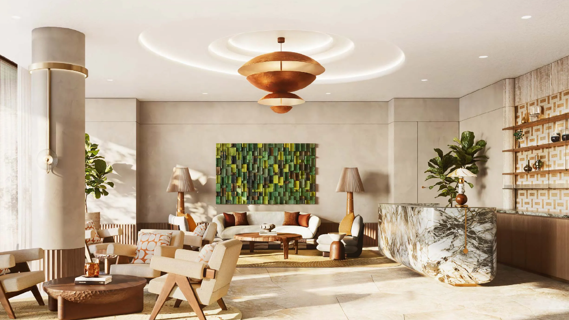 Contemporary building entrance and reception area with stylish lounge seating and polished stone flooring.