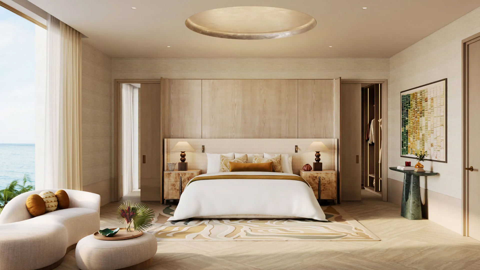 Contemporary master bedroom featuring a neutral palette, a recessed ceiling, and a walk-in closet.