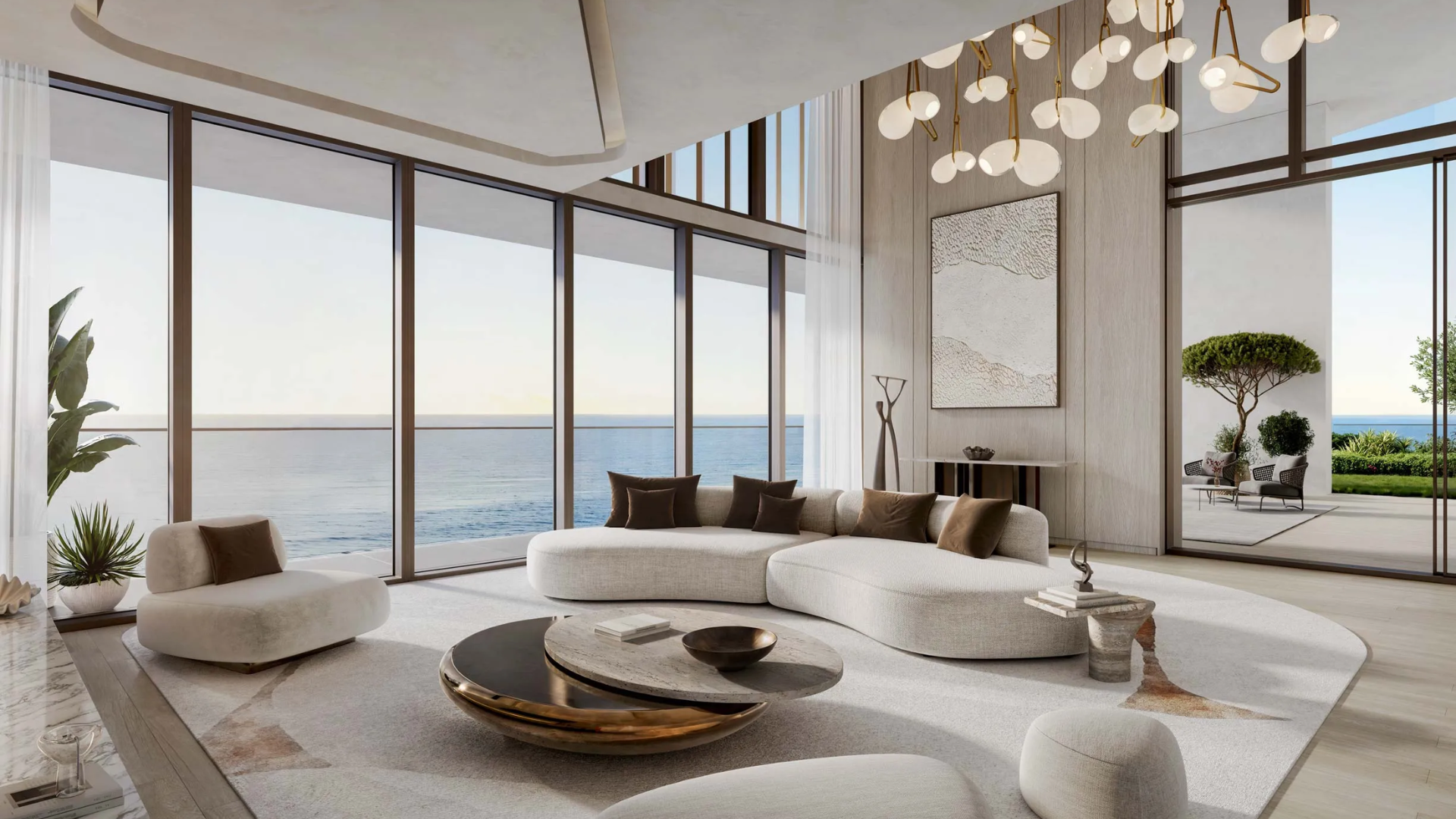 Interior of a Soulever luxury apartment showing a stylish modern lounge overlooking the sea.