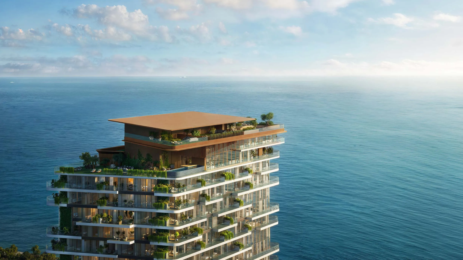 Close-up of the upper floors of the Soulever by Beyond tower, showing the luxury rooftop terrace and pool area with the vast ocean extending to the horizon.
