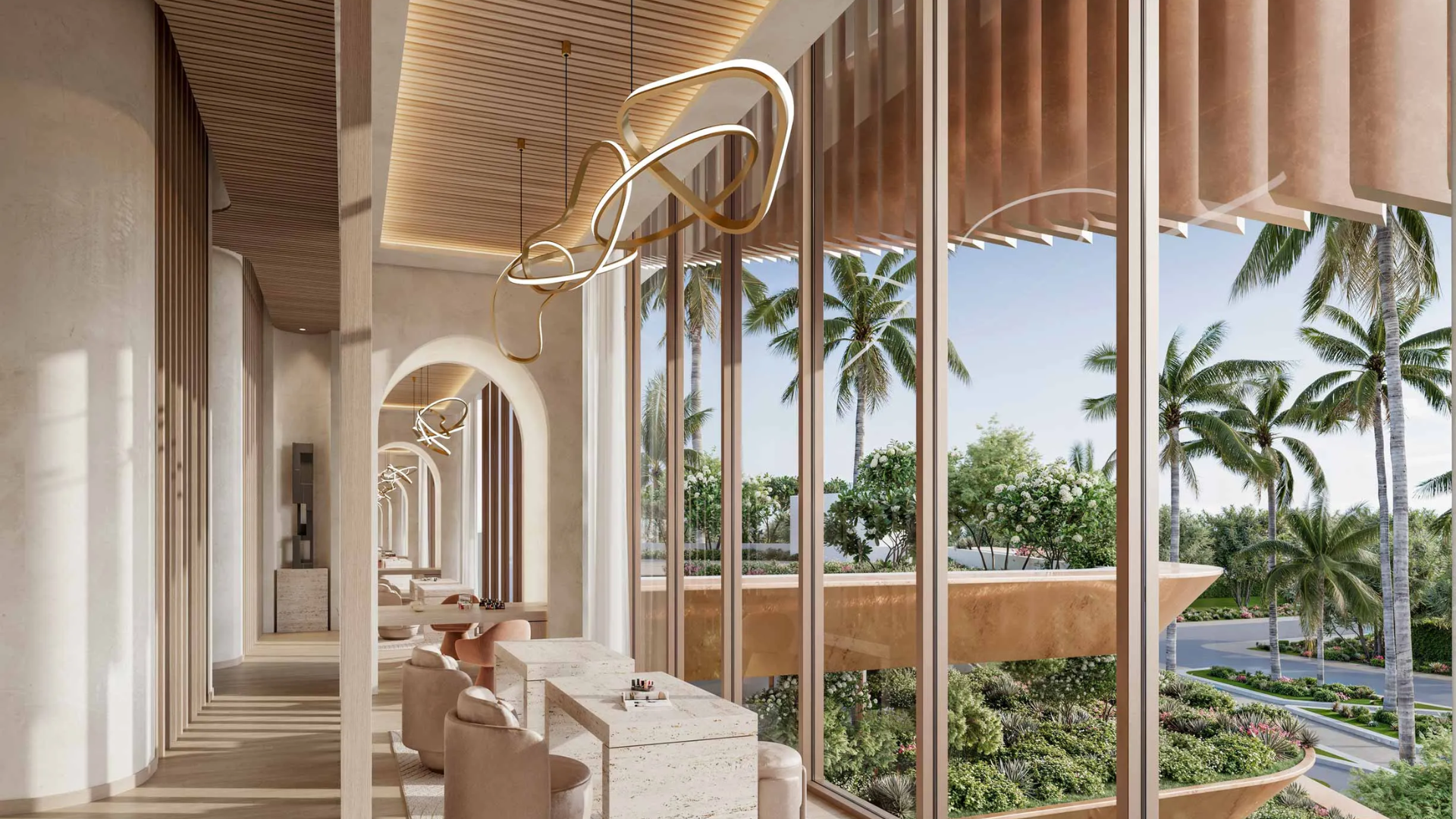 Bright, modern interiors with arched doorways, nude seating, distinctive lighting, and floor-to-ceiling windows overlooking a lush tropical garden.