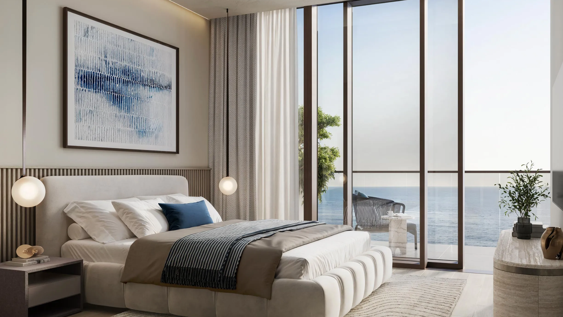Modern bedroom with floor-to-ceiling windows, a plush bed with neutral bedding, contemporary artwork, and a balcony overlooking the sea.