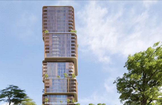 31 Above by Beyond commercial office tower: Stacked modern architecture with wooden elements and integrated greenery.