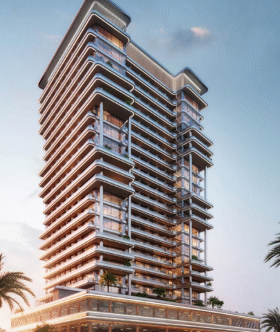 Exterior view of the Binghatti Hillside residential building, showcasing its distinctive balconies and modern facade.