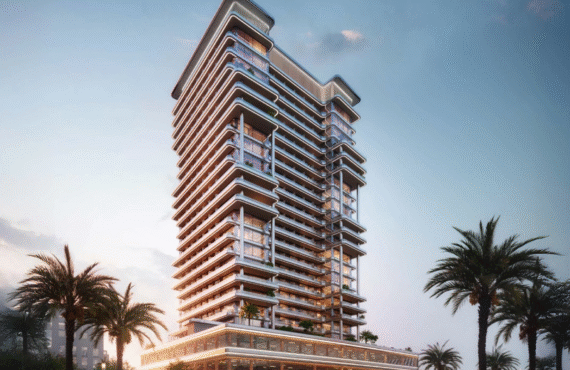 Exterior view of the Binghatti Hillside residential building, showcasing its distinctive balconies and modern facade.