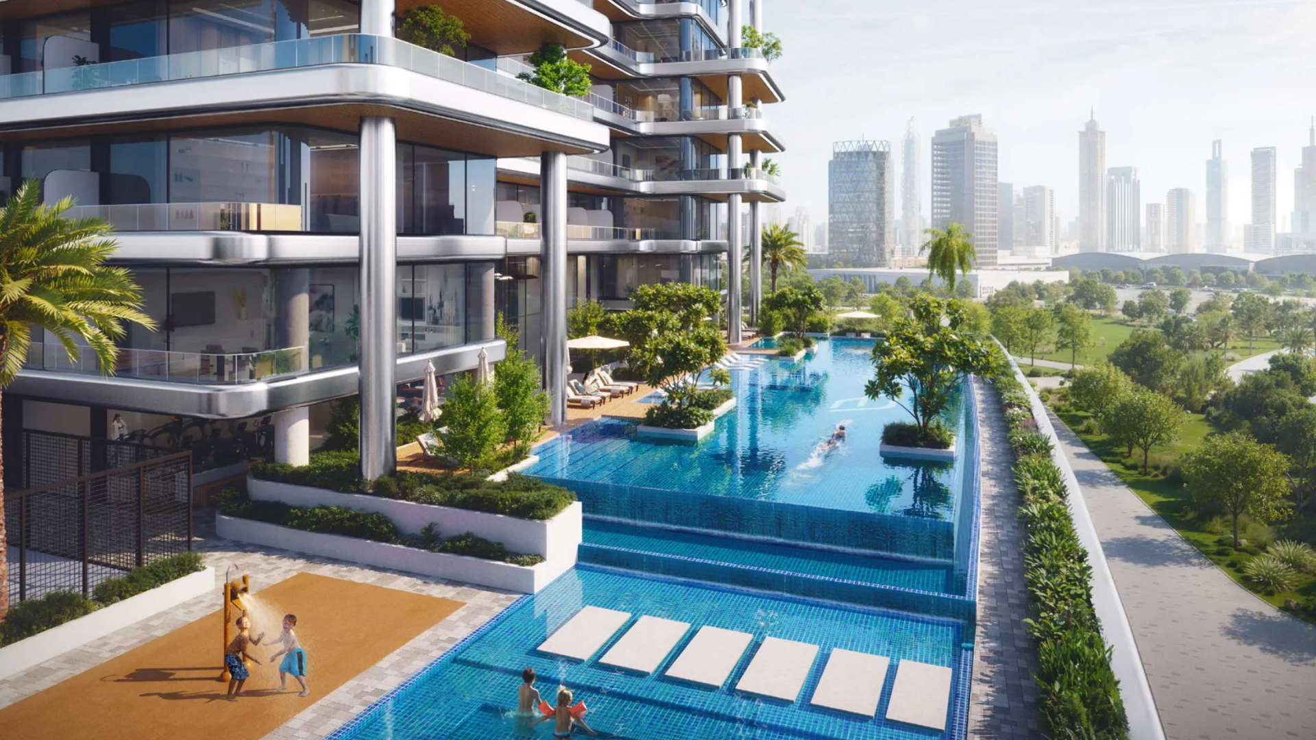 A modern building with a tiered pool, greenery, and park views toward the skyline.
