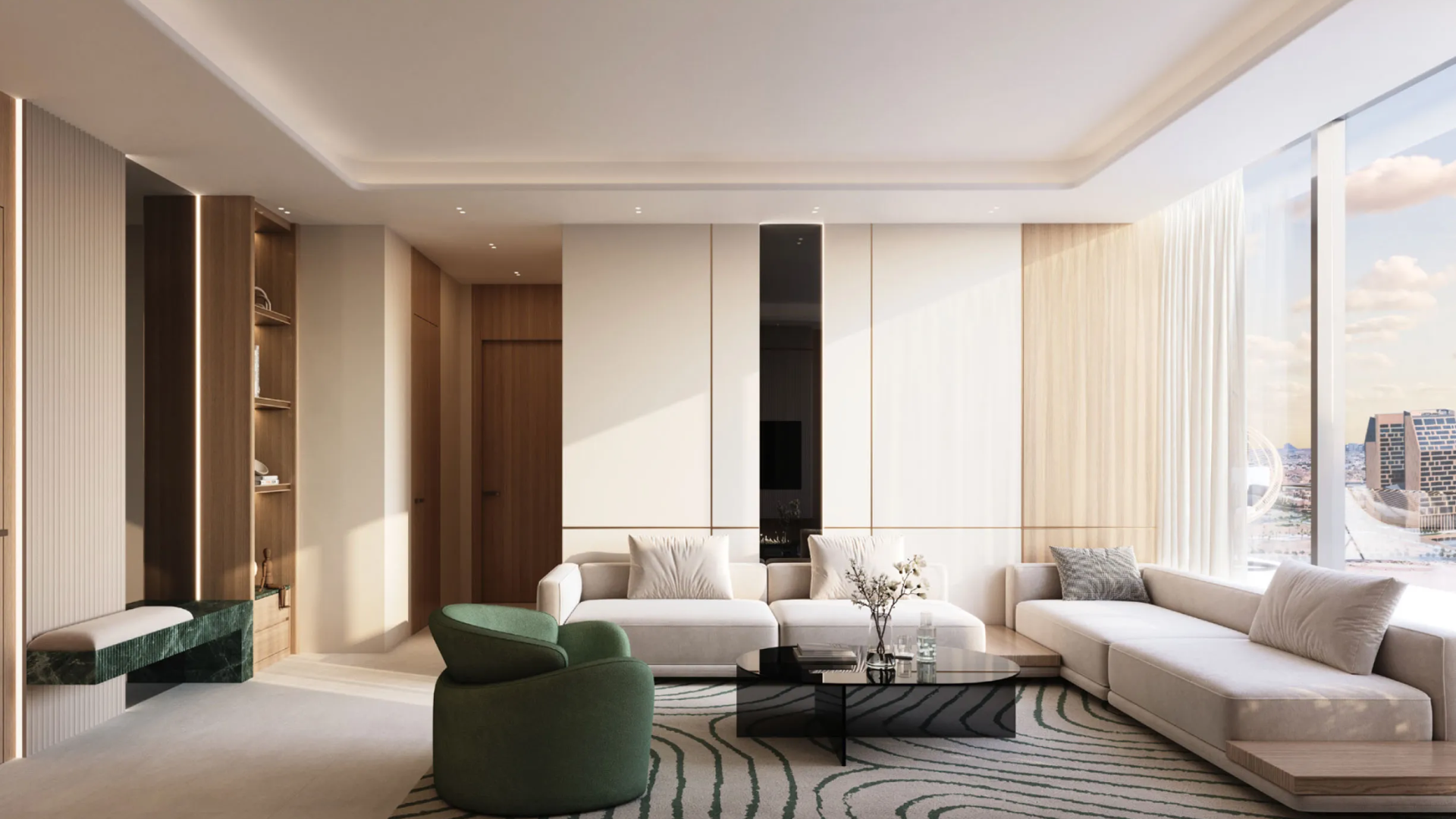 A bright modern living room with large seating, a green chair, and floor-to-ceiling window views.