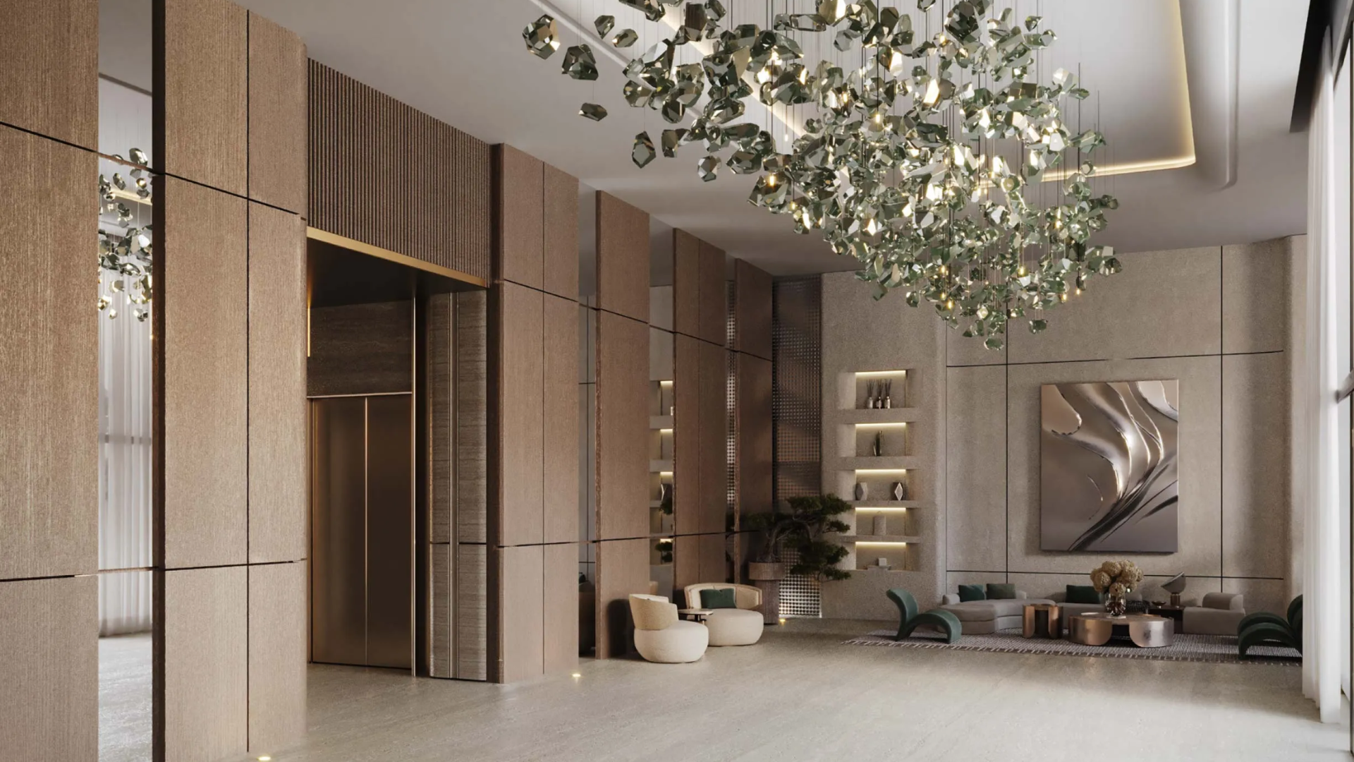 A spacious modern lobby with tall wooden panels, hanging crystal lighting, built-in shelves, and a stylish seating area.