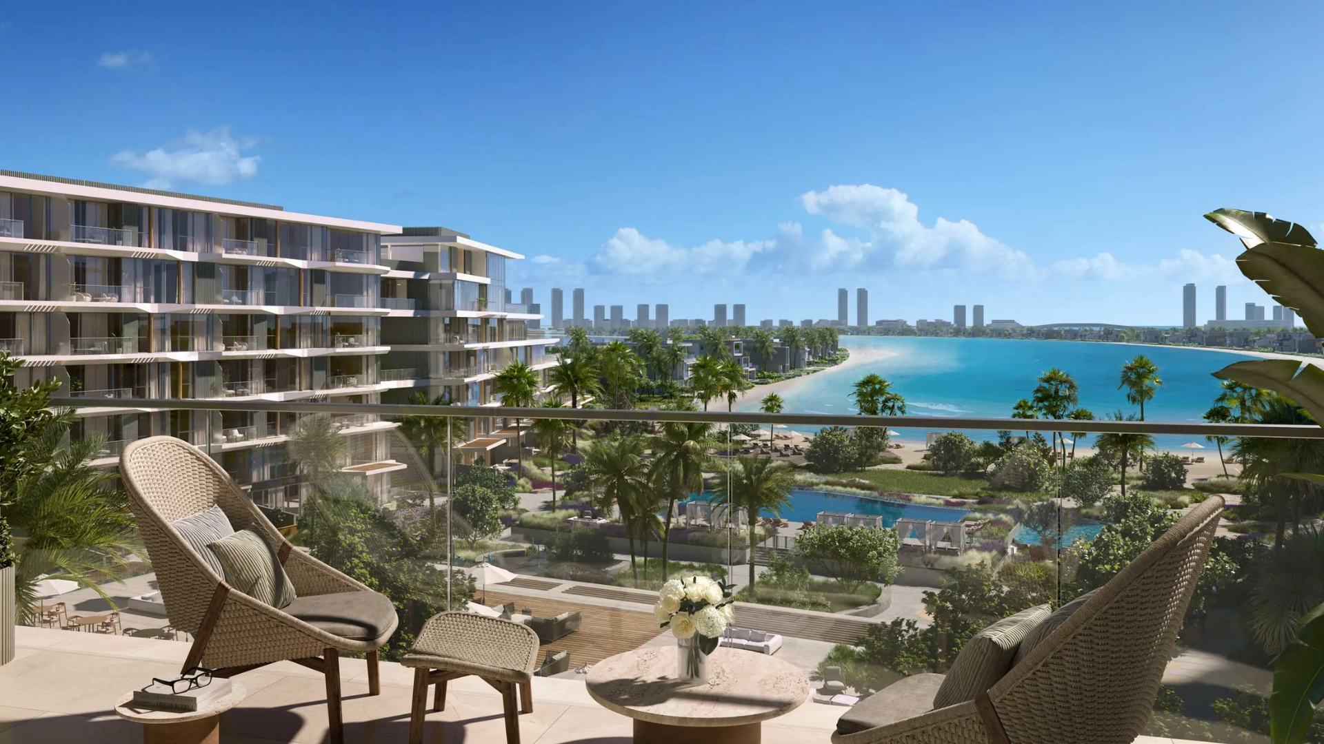 The exclusive sea view from a balcony at Palm Central Private Residences, with the city skyline in the distance.