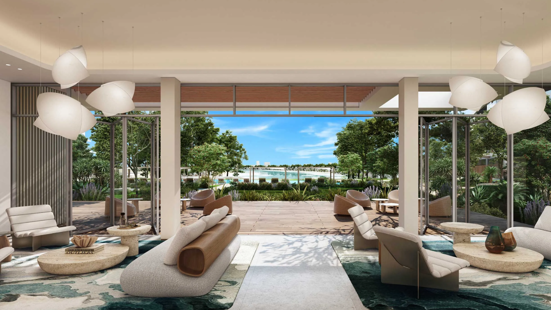 Contemporary interior seating area featuring unique light fixtures and organic design, seamlessly blending with the exterior.