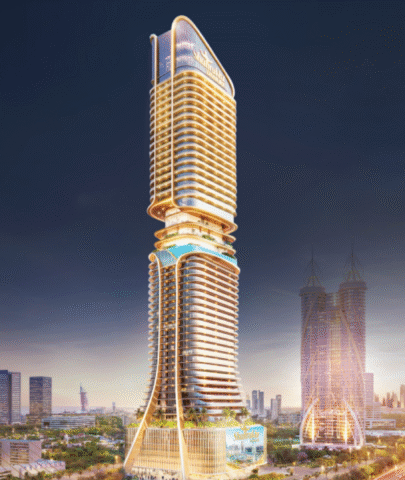 The iconic Shahrukhz by Danube commercial tower, with its distinctive architecture, overlooking Sheikh Zayed Road and the Dubai skyline.