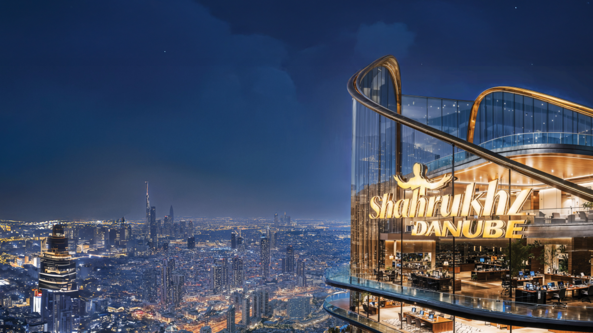A tall, distinctive commercial skyscraper in Dubai with a curved facade, overlooking a busy highway and the city skyline at night.