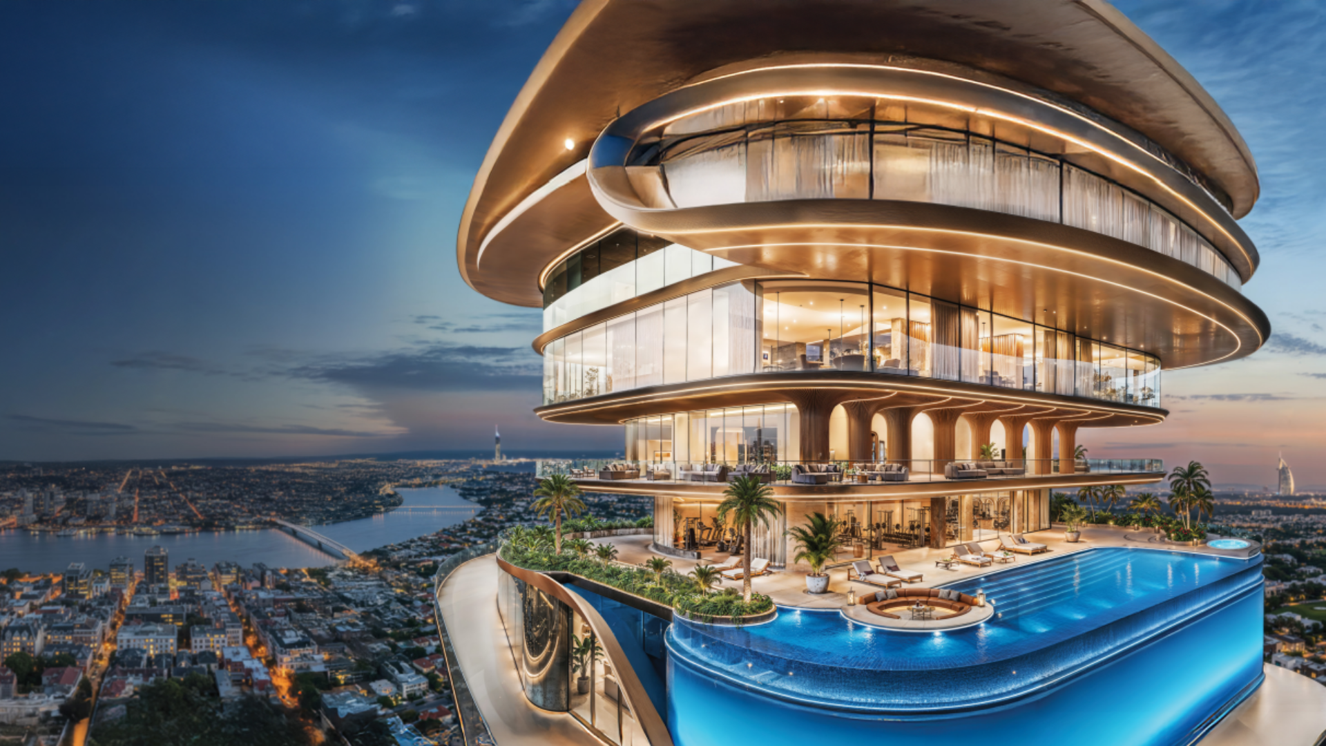 The luxury amenity deck at Shahrukhz by Danube, featuring a curved pool, lounge chairs, and panoramic views of the urban landscape.