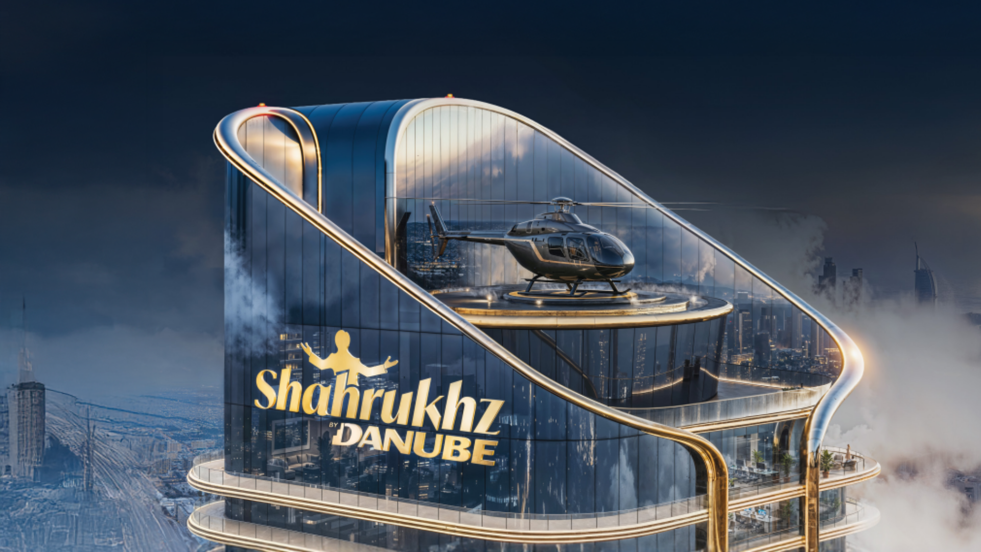 A modern glass skyscraper rooftop featuring a helipad with a helicopter, overlooking a vast city skyline.