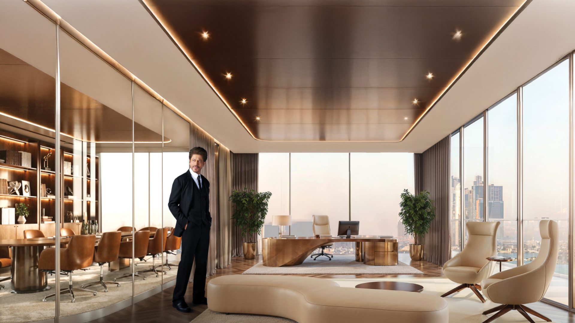 Ultra-luxury executive office with panoramic city views, a curved wooden desk, and a large meeting room.