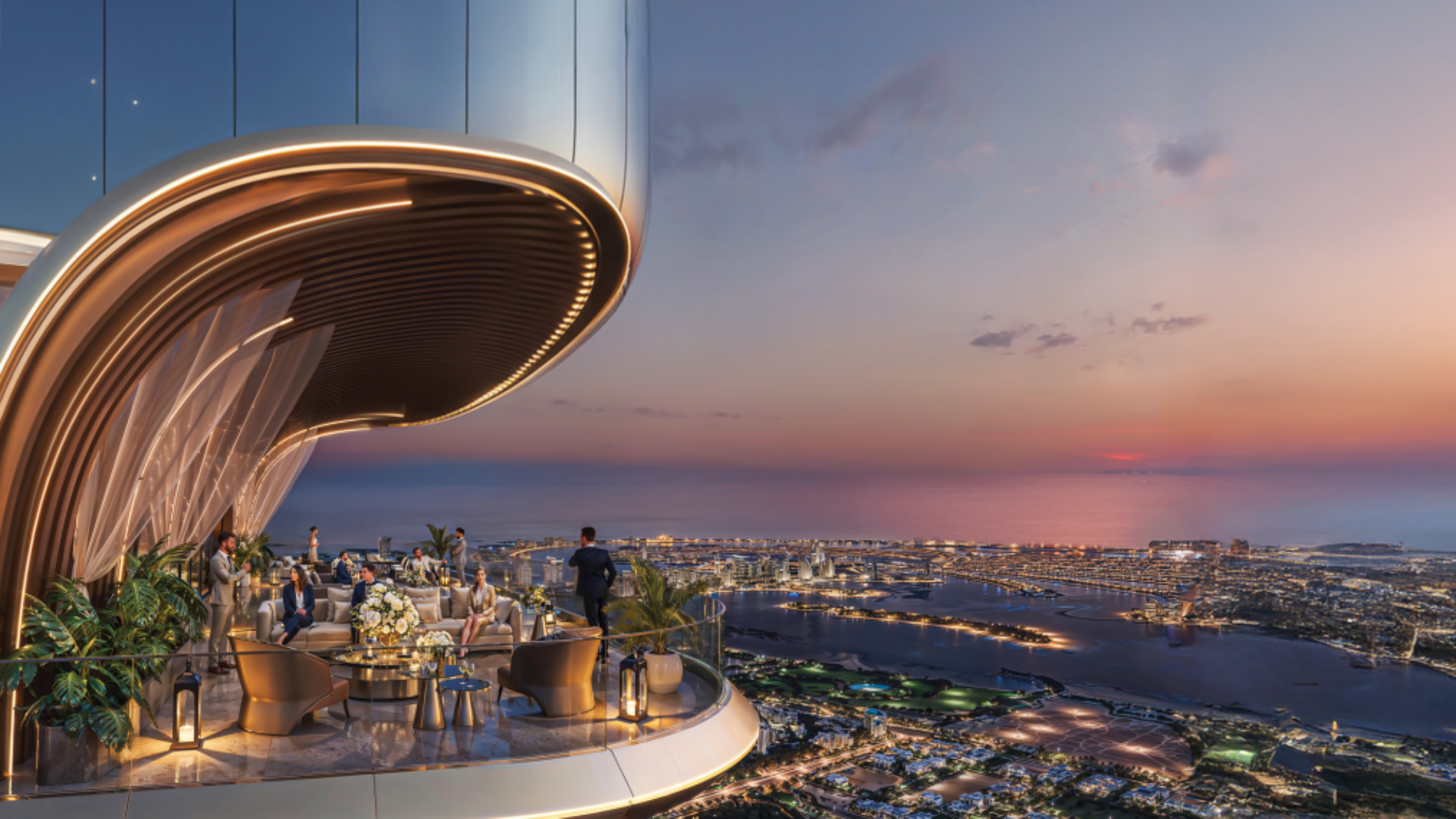 The stunning rooftop terrace at Shahrukhz, offering panoramic views of the Palm Jumeirah and the coastline at sunset.