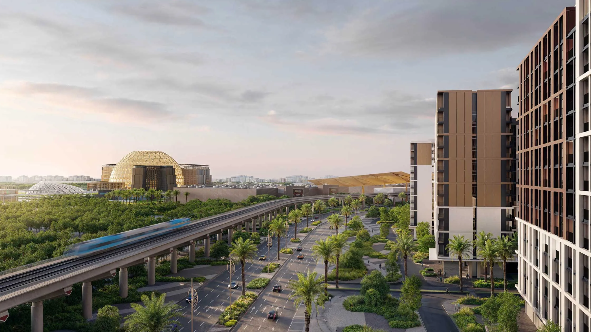 An urban view with mid-rise buildings, palm-lined roads, an elevated train, and a large dome in the distance.