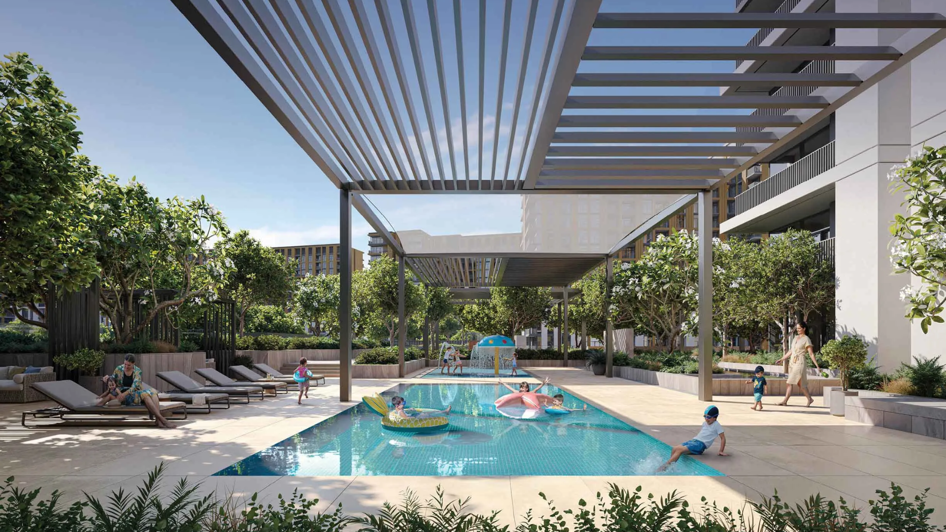 Residential children's pool and lounge area featuring a modern pergola and families enjoying the water.
