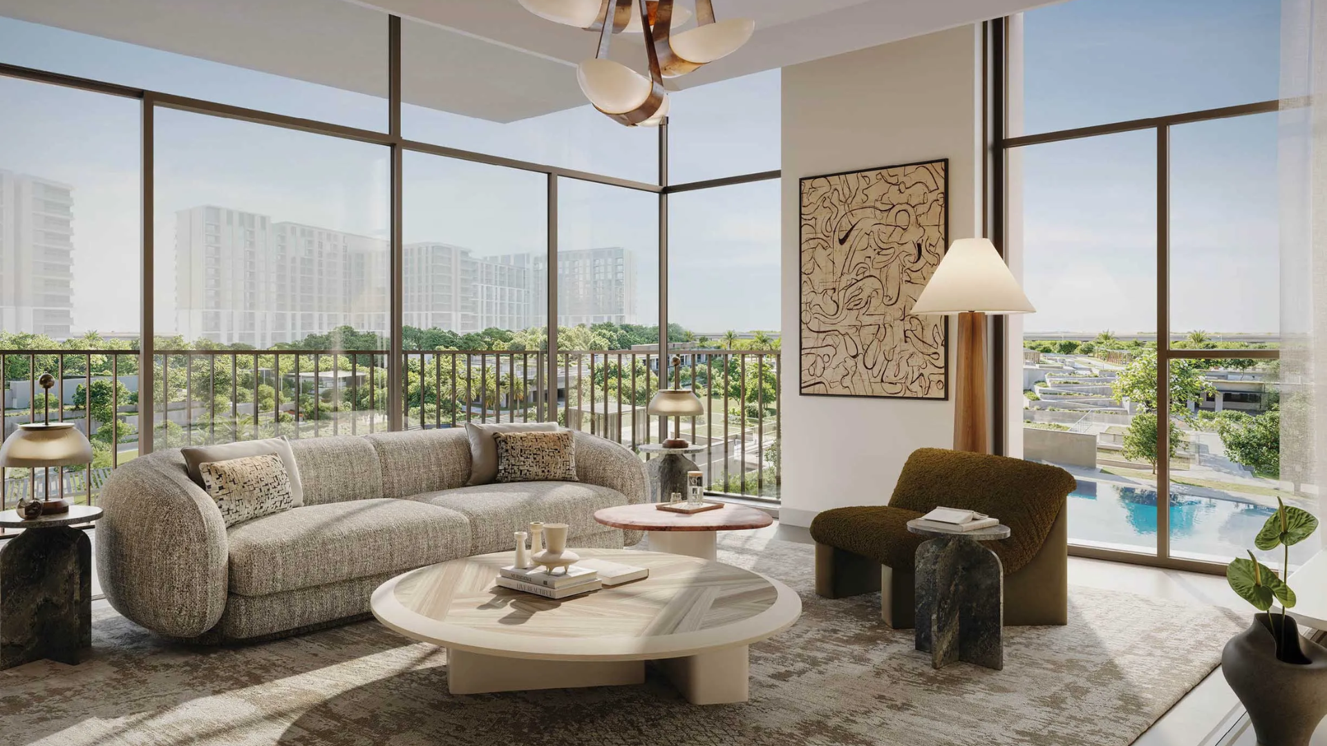 Contemporary interior design featuring abstract art, stylish furniture, and a view overlooking a pool and green community.