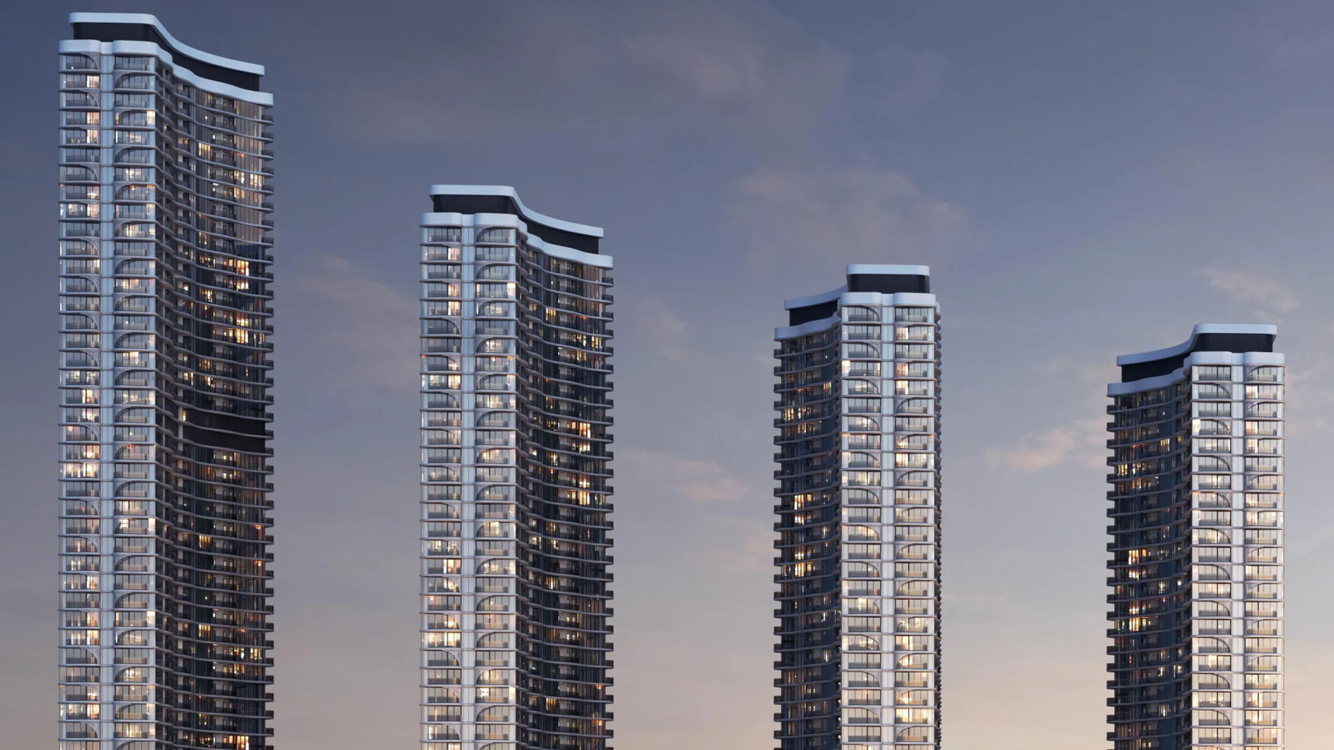 The elegant facade of Sobha AquaCrest residential towers, mimicking the flow of light and waves.