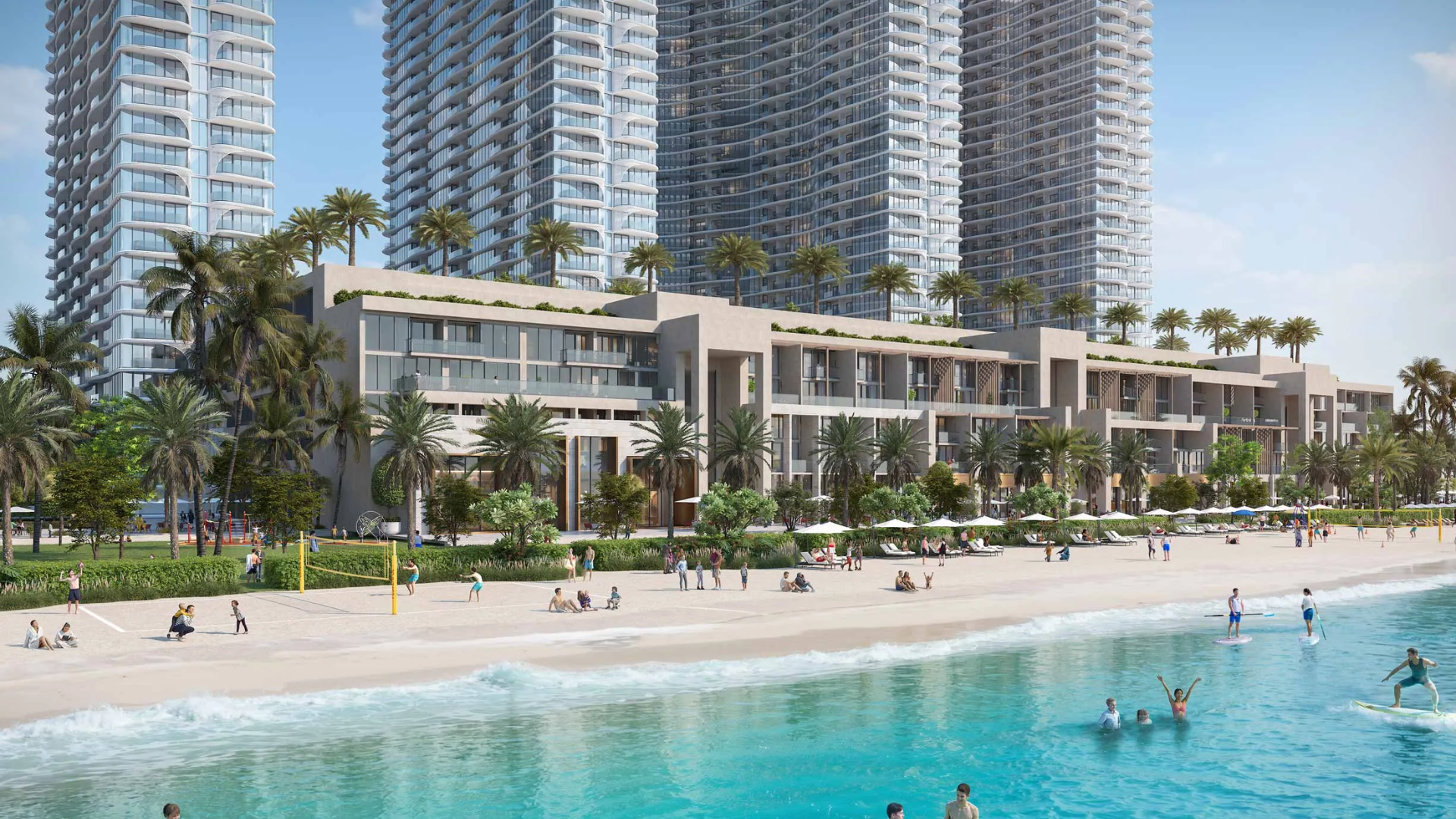 Beachfront residences with tall glass towers, palm trees, and people enjoying activities by the water.