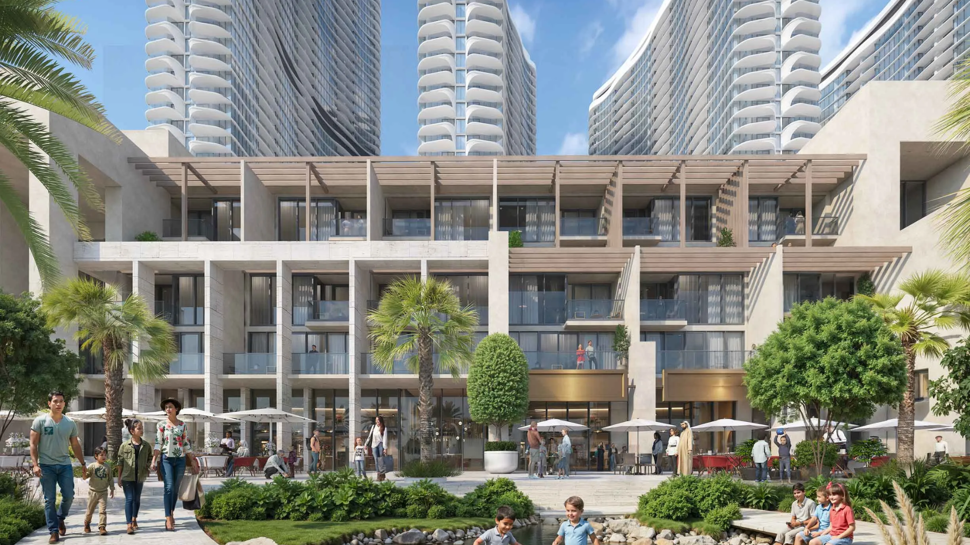 Modern low-rise residences with shaded balconies, landscaped pathways, and people walking through the courtyard.