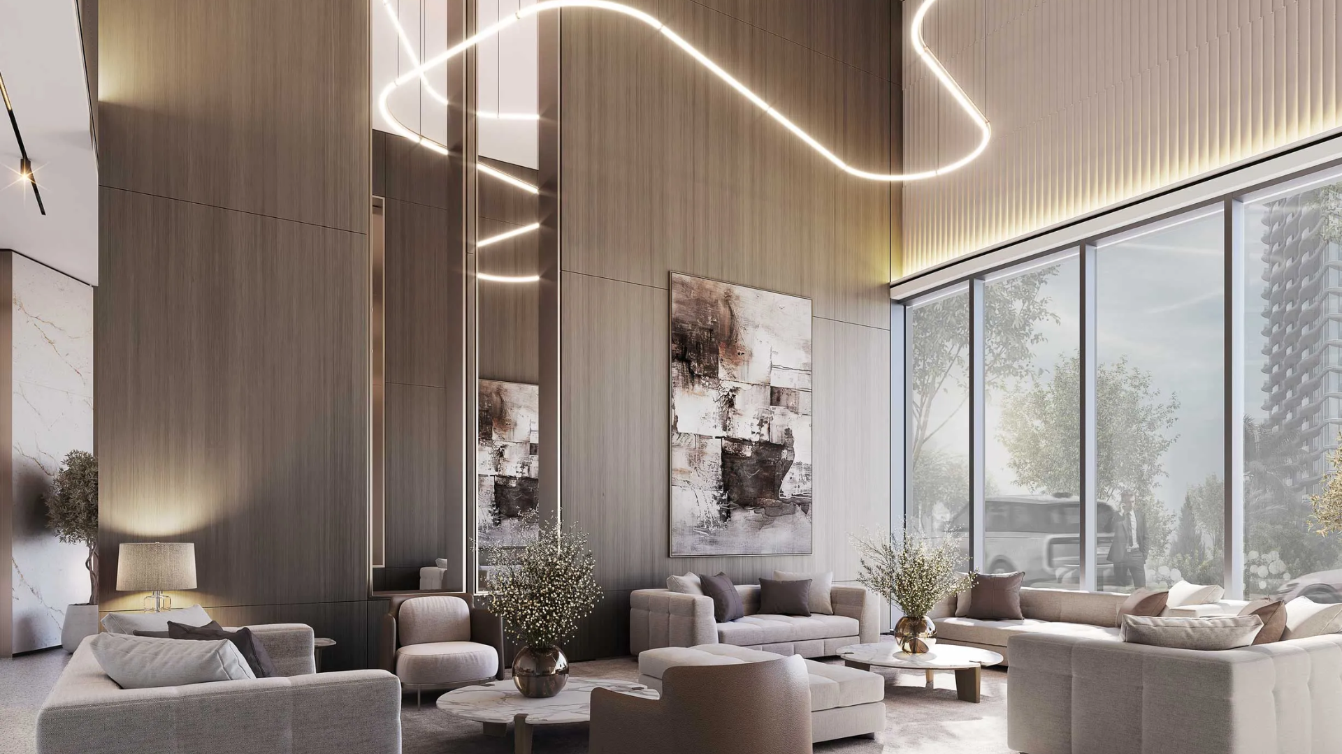 Elegant lounge with modern sofas, tall wooden walls, abstract art, and soft ambient lighting beside large windows.