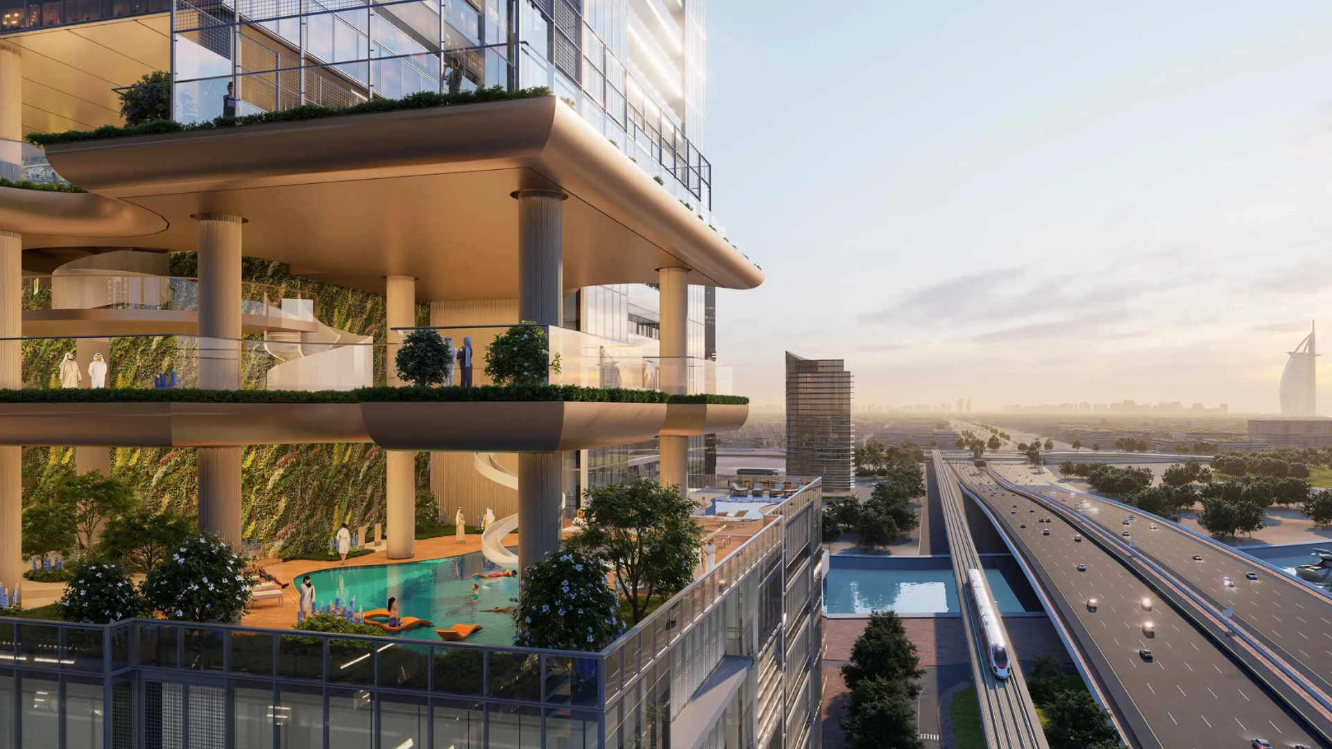 A multi-level Sobha SkyParks amenity deck, featuring a pool and vertical gardens overlooking Sheikh Zayed Road and the city skyline.