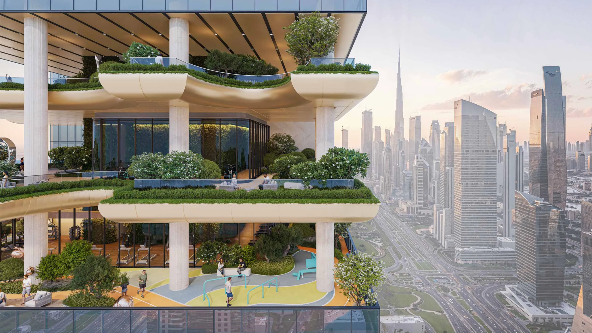 Cantilevered infinity pool amenity on an upper floor by Sobha Realty, offering panoramic city and sea views.