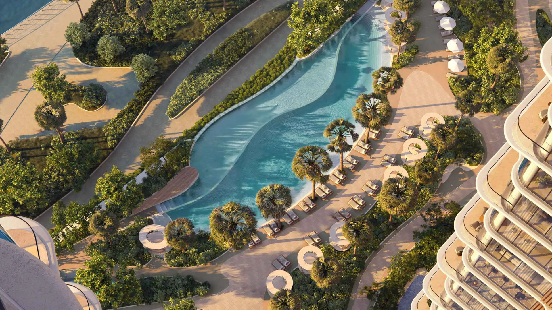 High-rise glass residential tower overlooking a dense metropolitan city, with a small rooftop pool.